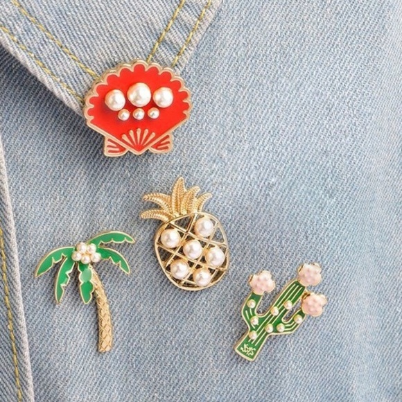 [Boutique] Enamel Palm Tree Pearl Pin - Picture 6 of 6